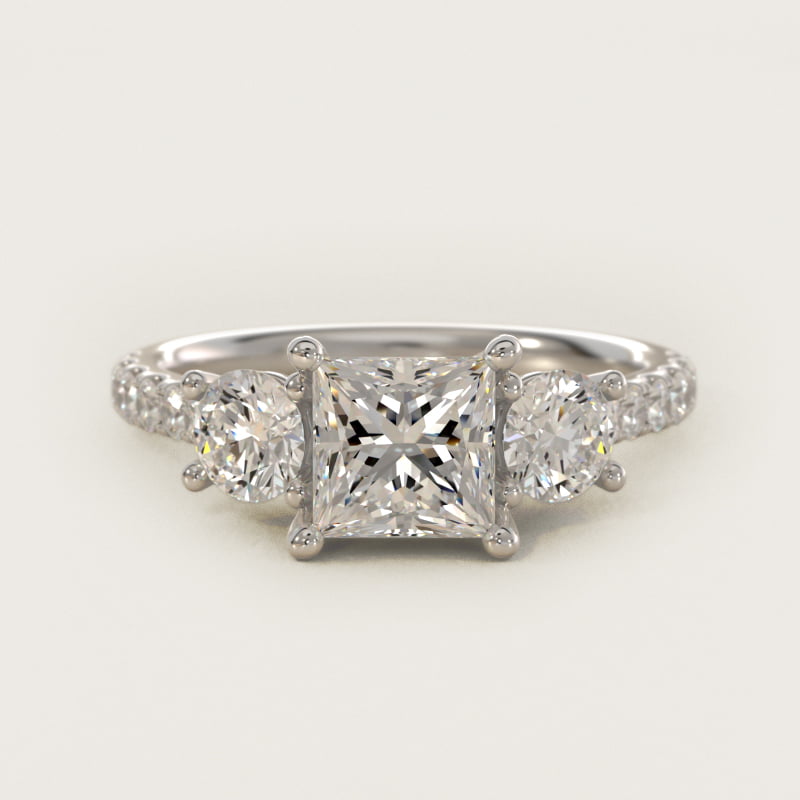 Modern Trellis Three Stone Lab-Grown Diamond Engagement in 18k White Gold