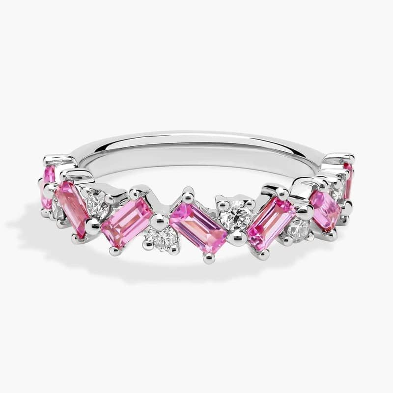 Romantic Emerald Pink Sapphire and Diamond Ring in Platinum