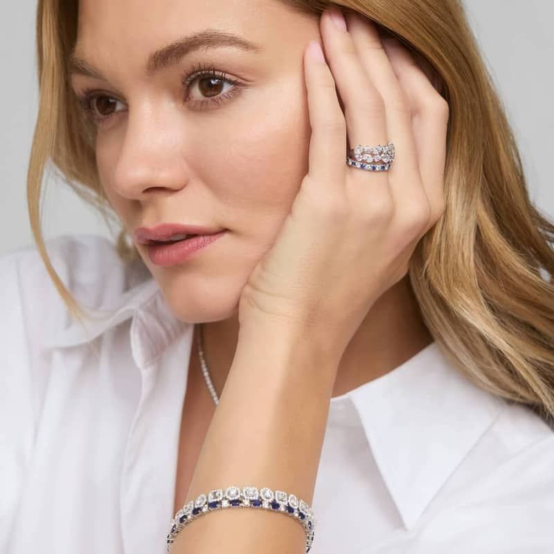 Diamond and Sapphire French Pavé Ring with 0.33 CTW Round Cut Diamonds in 14K White Gold