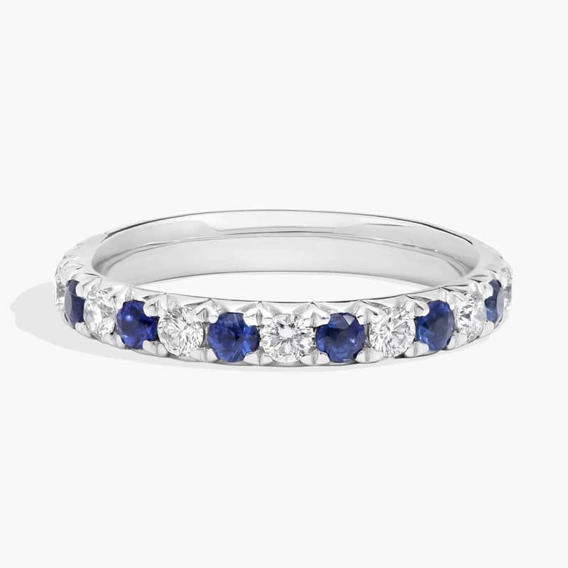 Diamond and Sapphire French Pavé Ring with 0.33 CTW Round Cut Diamonds in 14K White Gold