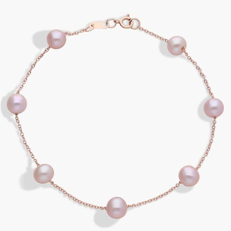 Pink Freshwater Cultured Pearl Tin Cup Stationed Bracelet in 14k Rose Gold (5.5mm)