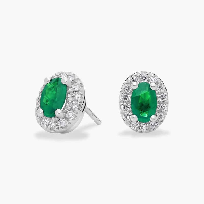 Emerald and Pavé Diamond Halo Earrings in 14k White Gold (6x4mm)