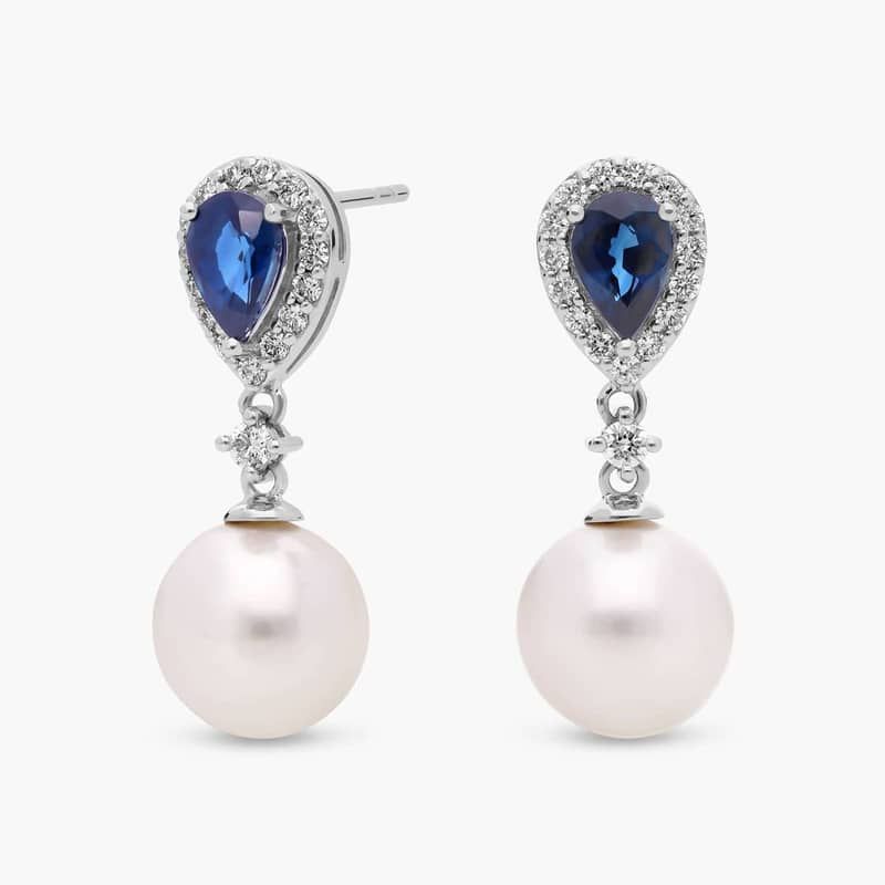 Classic Akoya Cultured Pearl Drop Earrings with Sapphire and Diamond Detail in 14k White Gold
