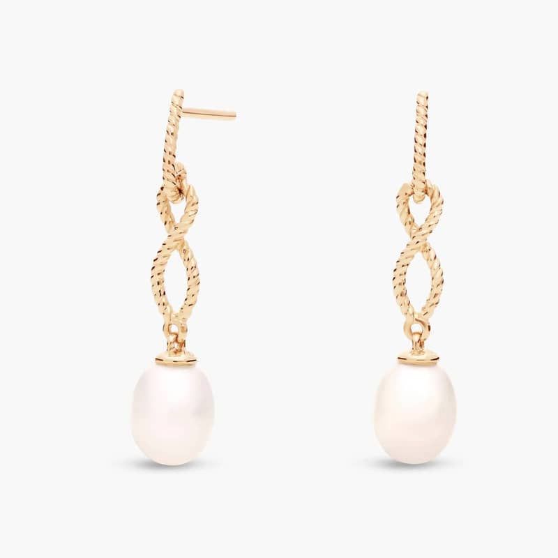 Freshwater Cultured Pearl Earrings with Infinity Twist Drop in 14k Yellow Gold (7.5-8mm)