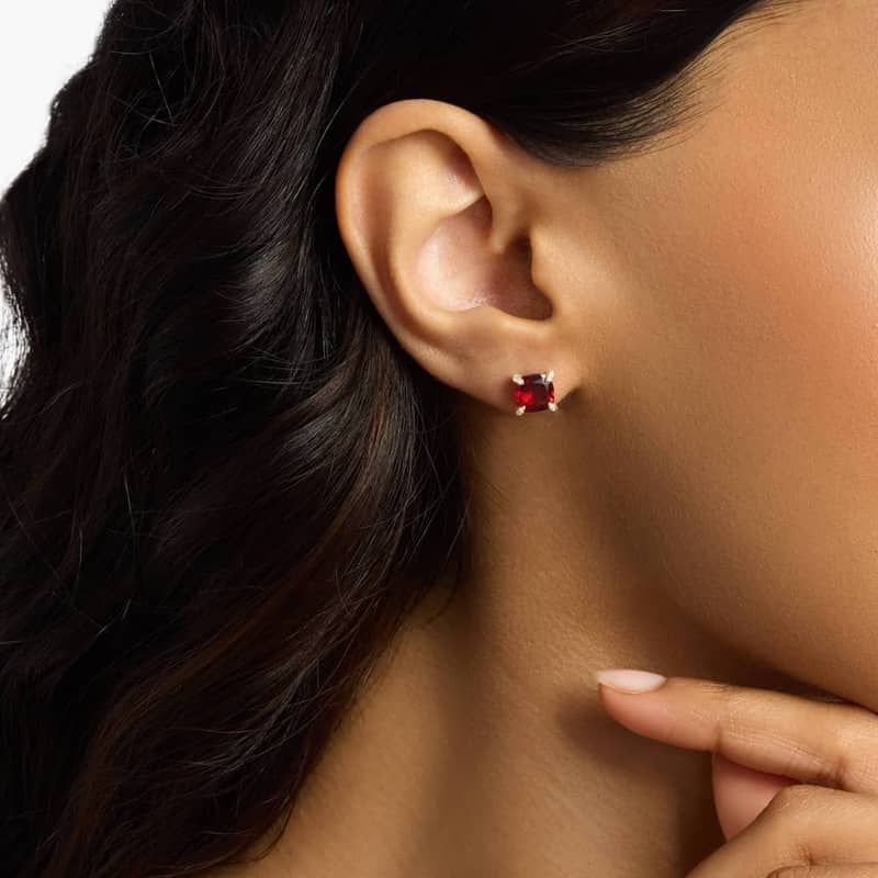 Cushion Cut Garnet and Diamond Accent Earrings in 14k Yellow Gold (7mm)