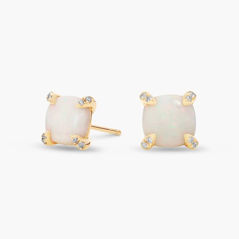 Cushion Cut Opal and Diamond Accent Earrings in 14k Yellow Gold (7mm)
