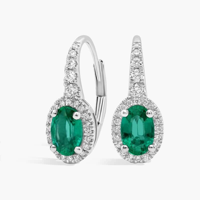 Oval Emerald and Diamond Drop Earrings in 18K white Gold