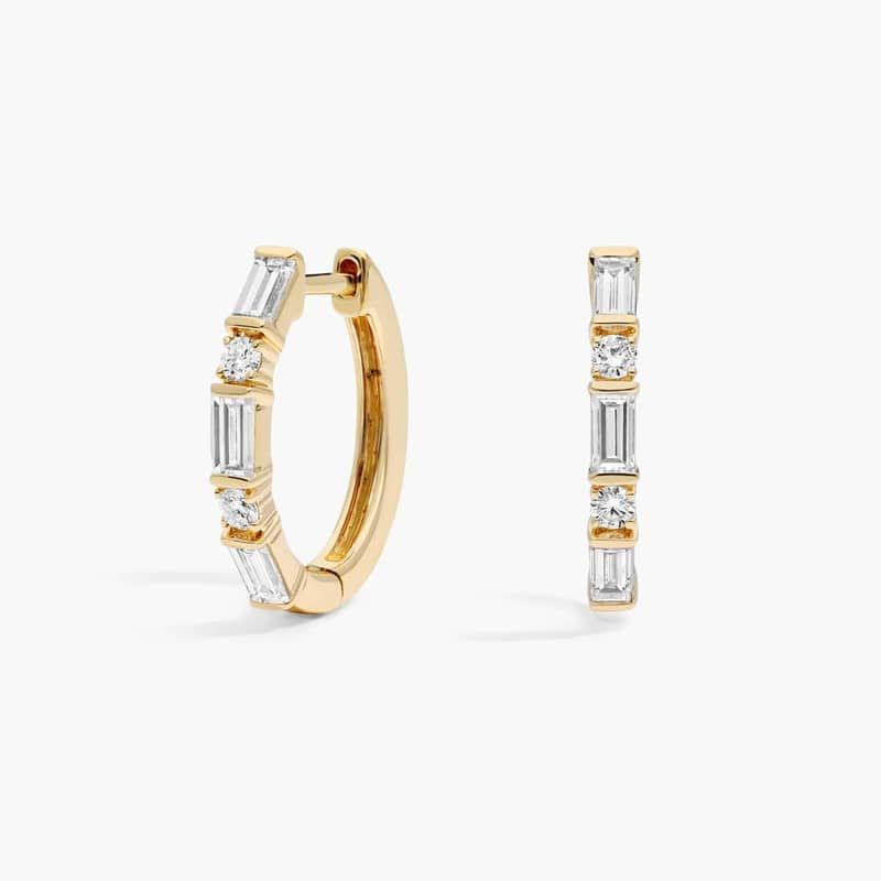 Diamond Hoop Earrings With 1 CTW Round And Baguette Cut Lab-Grown Diamonds in 14K Yellow Gold