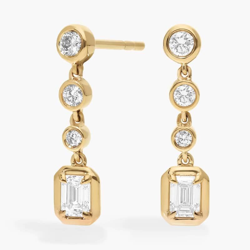 Diamond Drop Earrings with 0.5 CTW Round and Emerald Cut Lab-Grown Diamonds in 14K Yellow Gold Bezel Setting