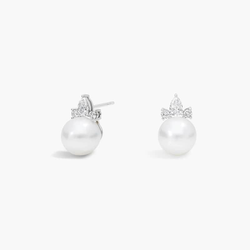 Pearl and Diamond Cluster Stud Earrings with Pear and Round Diamonds in 14K White Gold