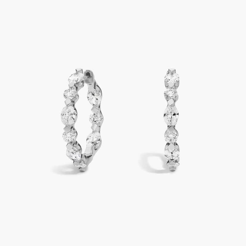 Diamond Hoop Earrings with 2 CTW Oval and Round Cut Lab-Grown Diamonds in 14K White Gold