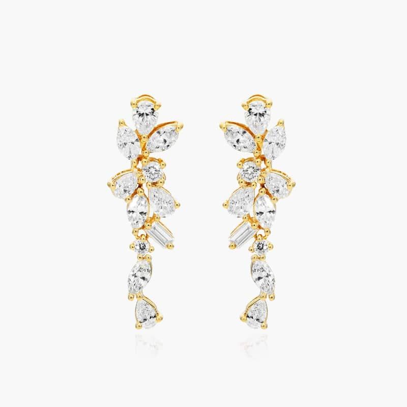 Whimsical Floral Cluster Diamond Drop Earrings In 14K Yellow Gold