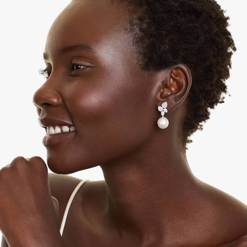 Cultured South Sea Pearl And Teardrop Diamond Cluster Drop Earrings In 18K White Gold (12-13 mm)