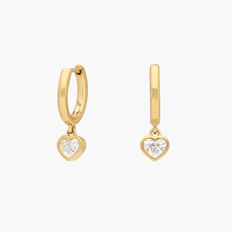 Heart Diamond Bezel Drop Huggie Earrings in 14K Yellow Gold