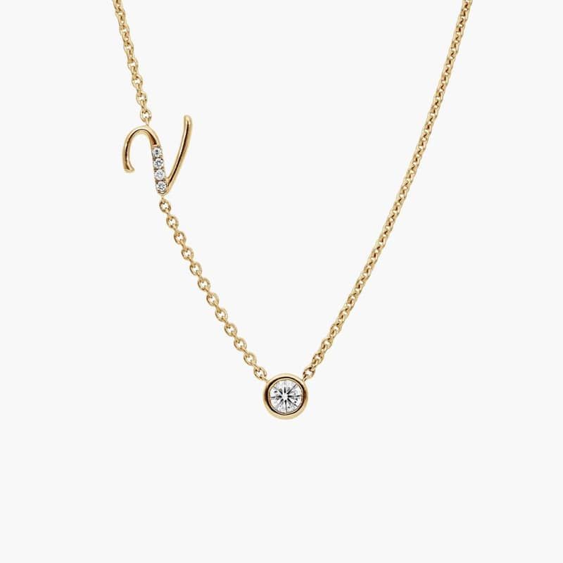 Chain-Set Initial V Necklace With Lab-Grown Diamonds In 14K Yellow Gold