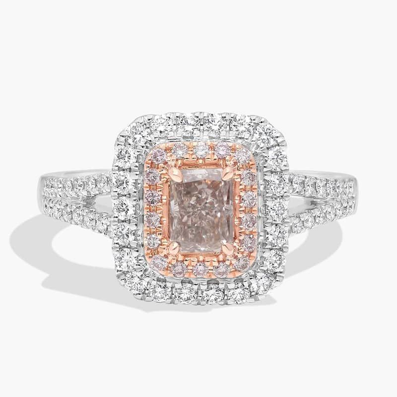 Fancy Pinkish Brown Radiant Diamond Center with Double Halo Ring in Platinum and 18k Rose Gold (1 ct. tw.)