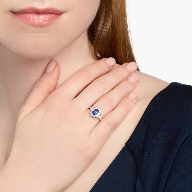 Sapphire and Diamond Floral Ring in 14k White Gold (7x5mm)