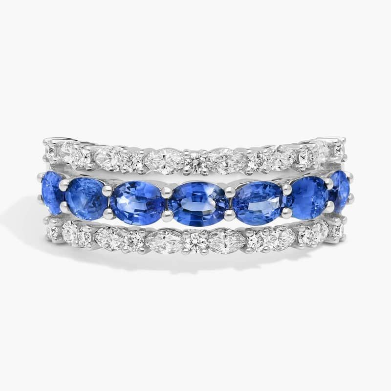 East-West Oval Cut Blue Sapphire and Diamond Ring In 14K White Gold (7.25mm)