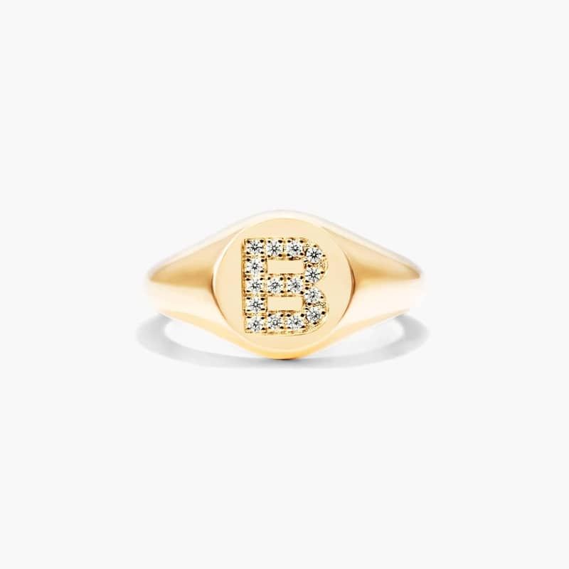 Diamond B Initial Signet Ring In 14K Yellow Gold