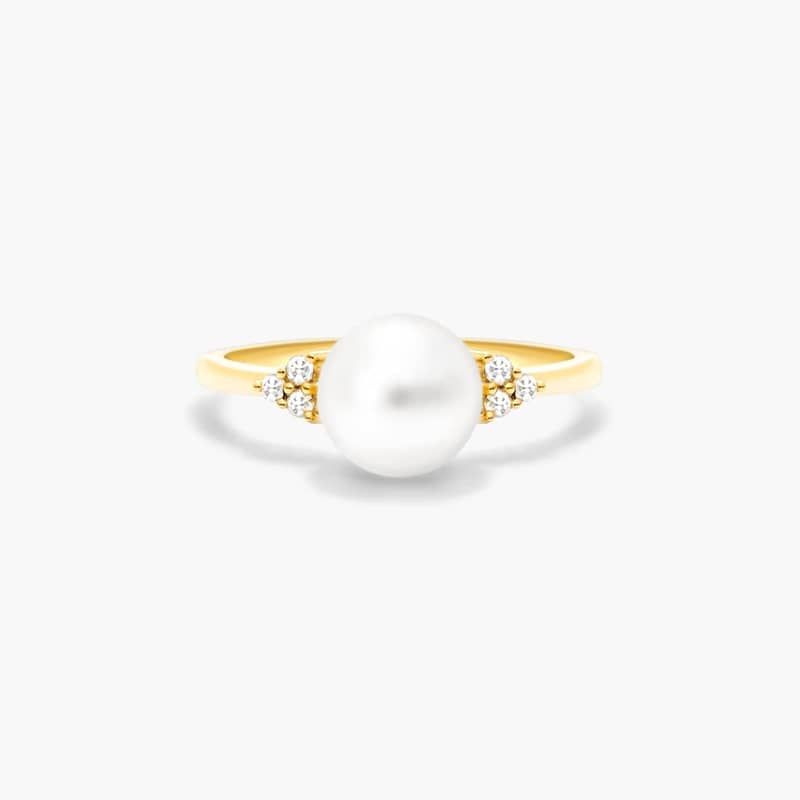Freshwater Pearl And Diamond Trio Ring In 14K Yellow Gold (7.5-8.0mm)
