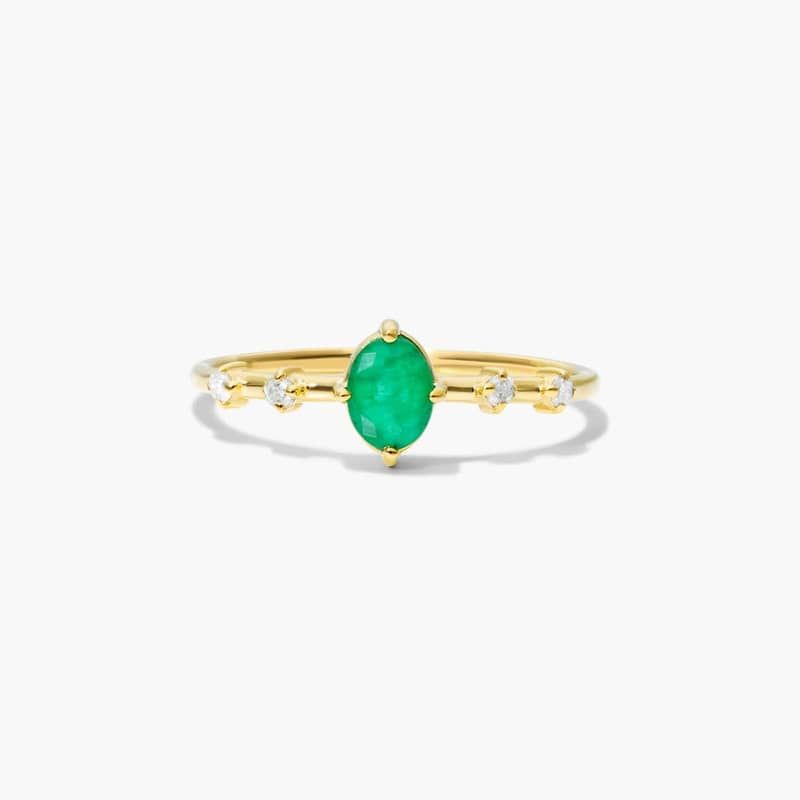 Oval Emerald And Diamond Birthstone Ring In 14K Yellow Gold